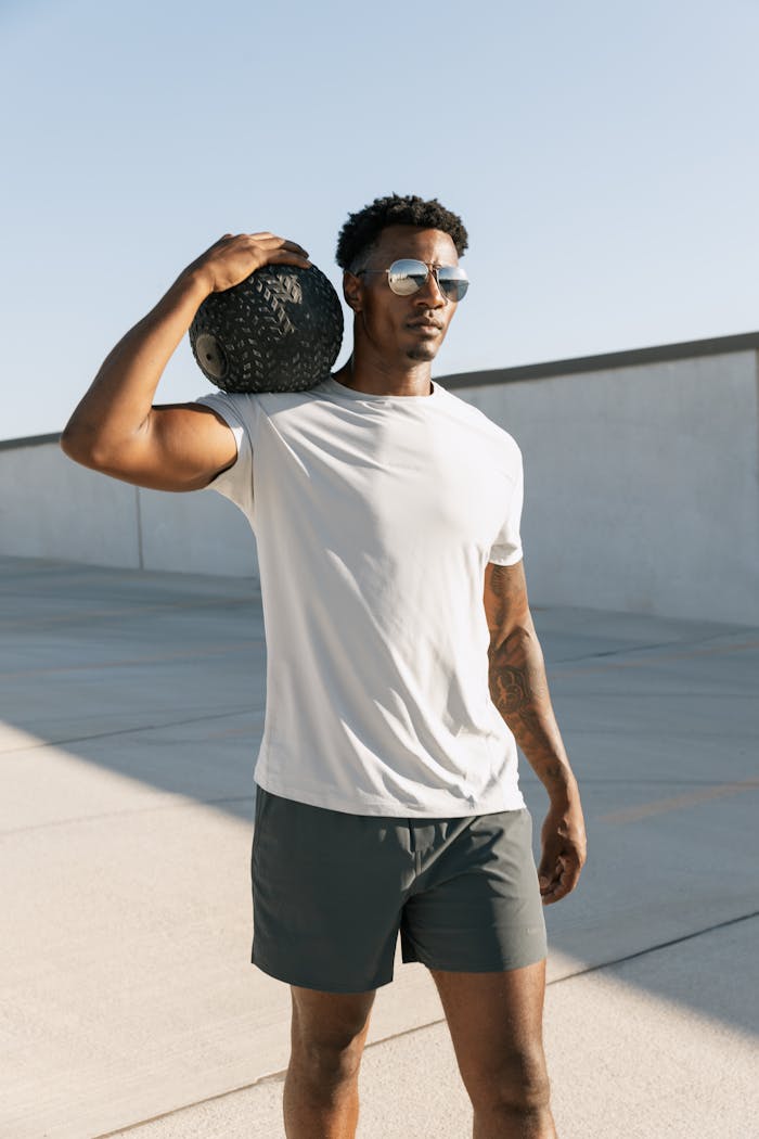 Young man in athleisure wear showcasing fitness on a sunny rooftop in Austin, Texas.
